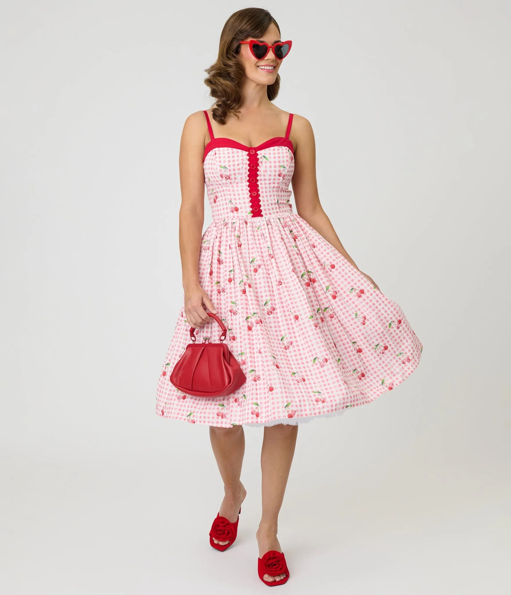 Unique Vintage Red Gingham & Cherries Sweetheart Swing Dress | Unique Vintage - North America