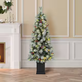 Glitzhome 5 ft. Pre-Lit Pine Artificial Christmas Porch Tree with 150 Warm White Lights, Pine Con... | The Home Depot