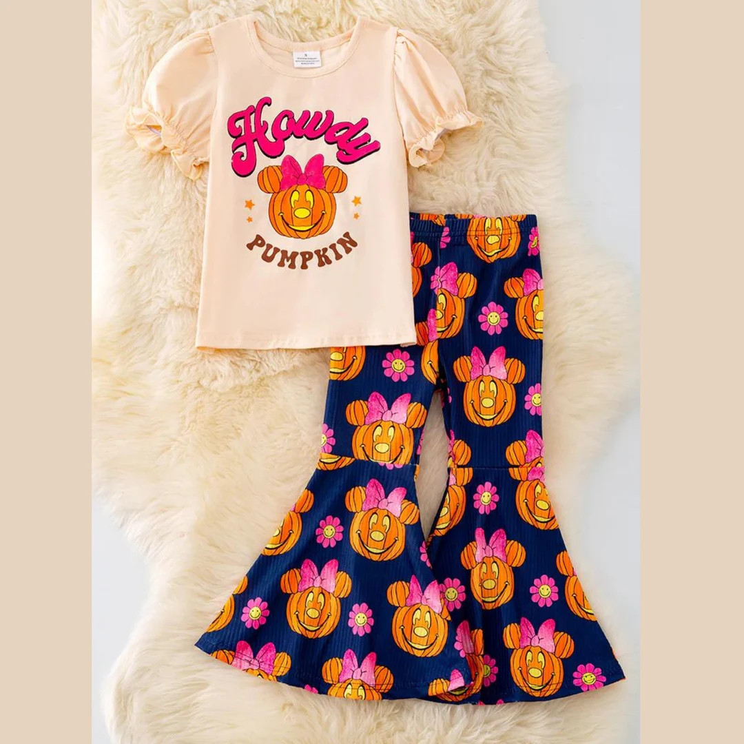 Howdy Pumpkin Graphic Tee Shirt With Pumpkin Jackolantern Bell Bottoms Halloween Outfit for Girls... | Etsy (US)