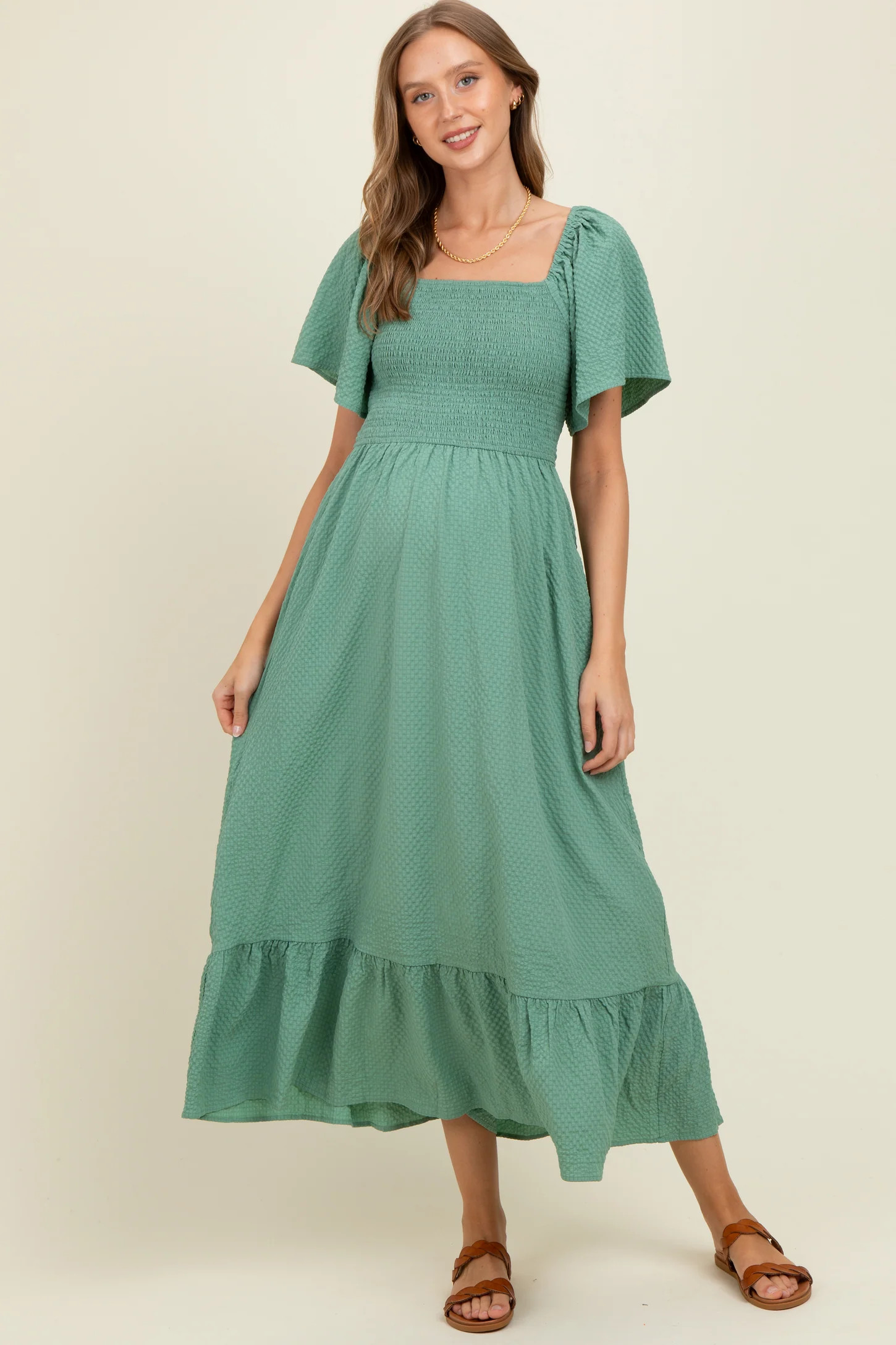Green Convertible Stretchy Smocked Maternity Maxi Dress | PinkBlush Maternity