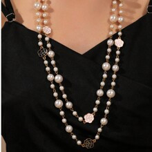 2 stuks Franse parelkettingen van legering, dubbelzijdige bloemen- en strass-ingelegde vintage lange ketting, geschikt voor bijeenkomsten, feesten, da | SHEIN