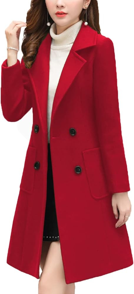 Bankeng Women Winter Wool Blend Camel Mid-Long Coat Notch Double-Breasted Lapel Jacket Outwear | Amazon (US)