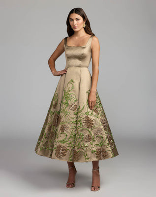 Gold Floral Brocade A-Line Midi Dress | Mac Duggal