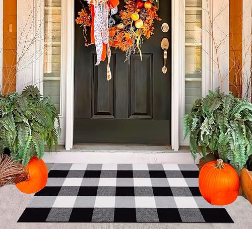 Black and White Layered Doormat 24''x35''Buffalo Plaid Checkered Rug Cotton Machine Washable Mat for Front Porch, Kitchen, Farmhouse, Entryway,Bathroom | Amazon (US)