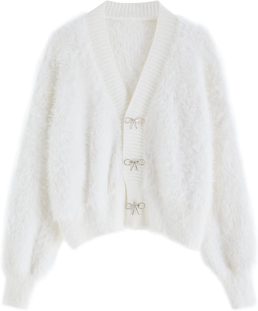 CHICWISH Women Crop Fuzzy Cardigan Bowknot Brooch Button Knit Cardigans Open Front Long Sleeves S... | Amazon (US)