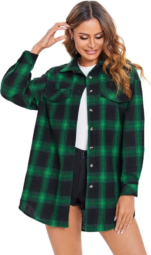 Verdusa Women's Plaid Print Button Down Drop Shoulder Longline Blouse Shirt Top | Amazon (US)