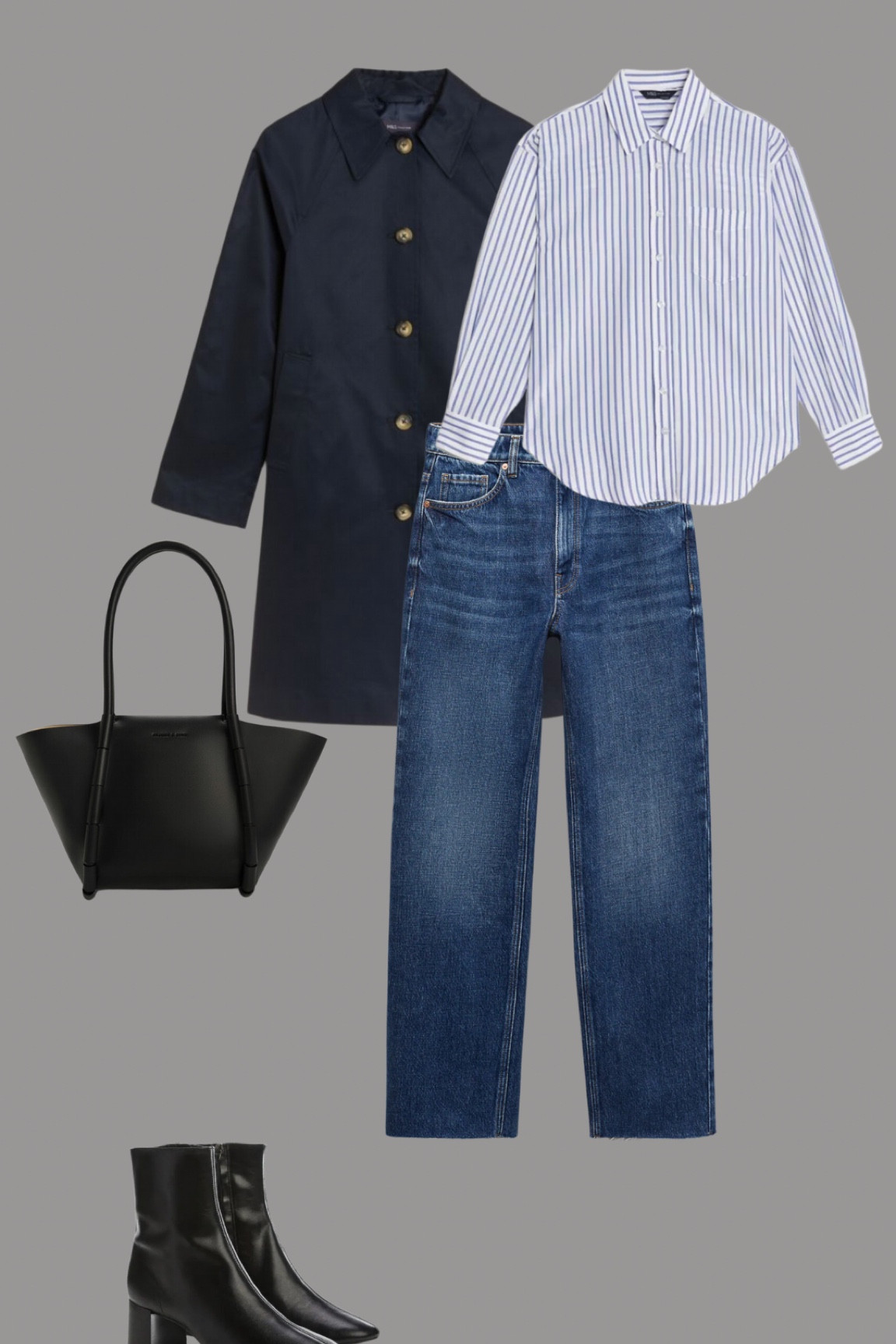 Classic trench coat style. A dark navy cropped pair of jeans with a classic striped shirt, black trench coat, top handle tote bag and ankle boots. 