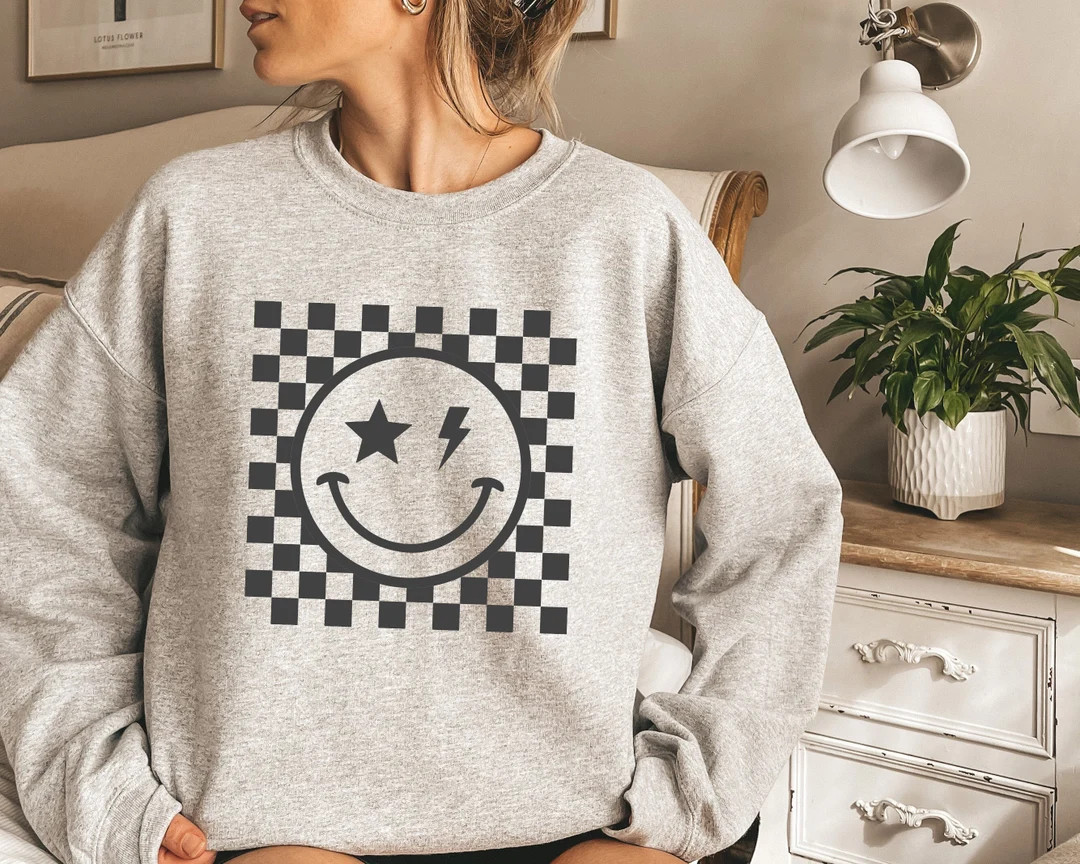 Checkered Pattern Smiley Face Sweatshirt Retro Happy Face - Etsy | Etsy (US)