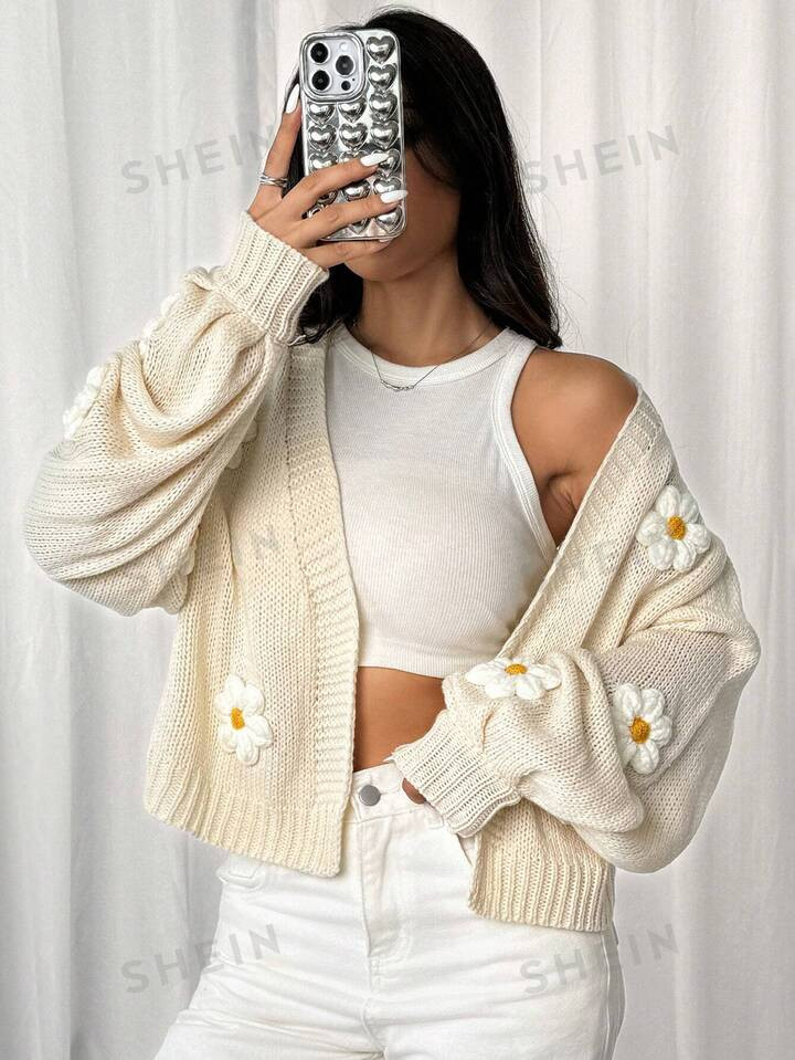 SHEIN EZwear Spring/Fall Casual 3D Flower Decor Lantern Sleeve Cardigan | SHEIN USA | SHEIN