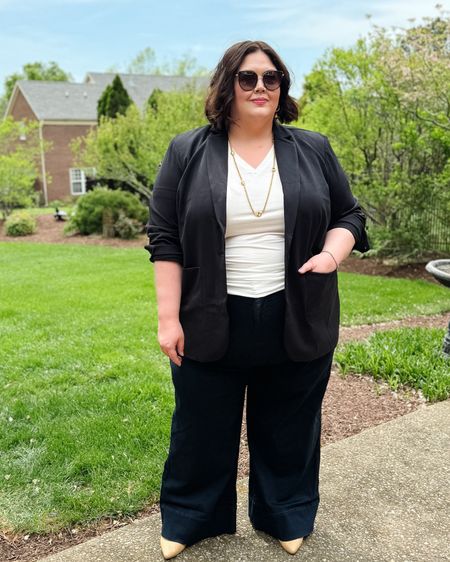 This blazer and wide leg jeans are part of Fit Liberty - if my size fluctuates within a year of purchase I can exchange them for a new size! Use code INFS-AMBAUTHEMMIE for an extra discount. Size inclusive 00-40 

#LTKplussize #LTKover40