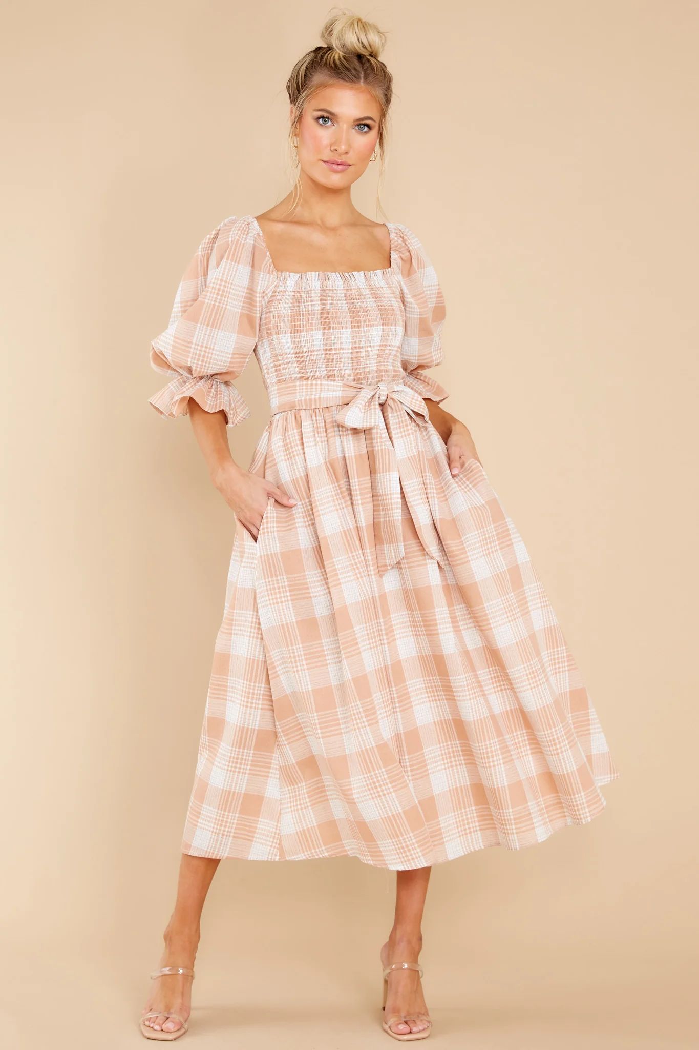 Daydreaming About Me Peach Plaid Midi Dress | Red Dress 