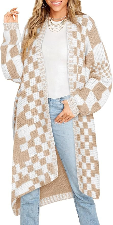 Saodimallsu Womens Checkered Long Cardigans Chunky Oversized Open Front Batwing Sleeve Color Bloc... | Amazon (US)