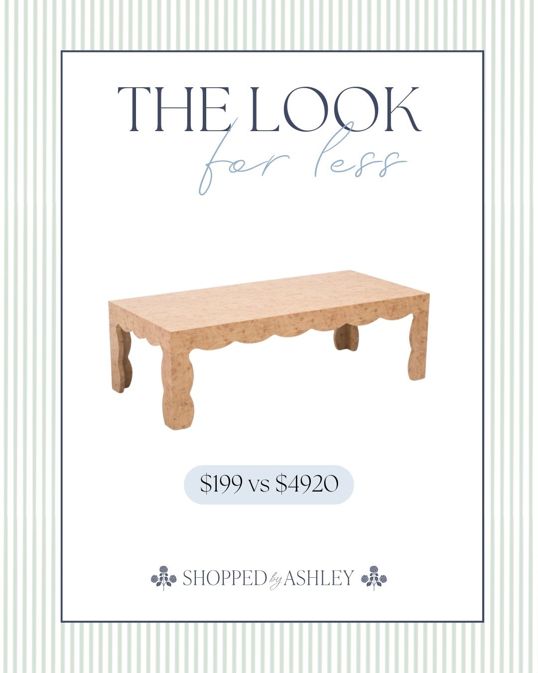 The price difference is insane!! I rarely see coffee tables online at TJ Maxx so I’m sure this one is going to go fast, especially for the price 🙌🏻

Burlwood coffee table, designer look, look for less, modern coffee table, scallop coffee table, living room coffee table, TJ Maxx coffee table, TJ Maxx furniture 

#LTKHome