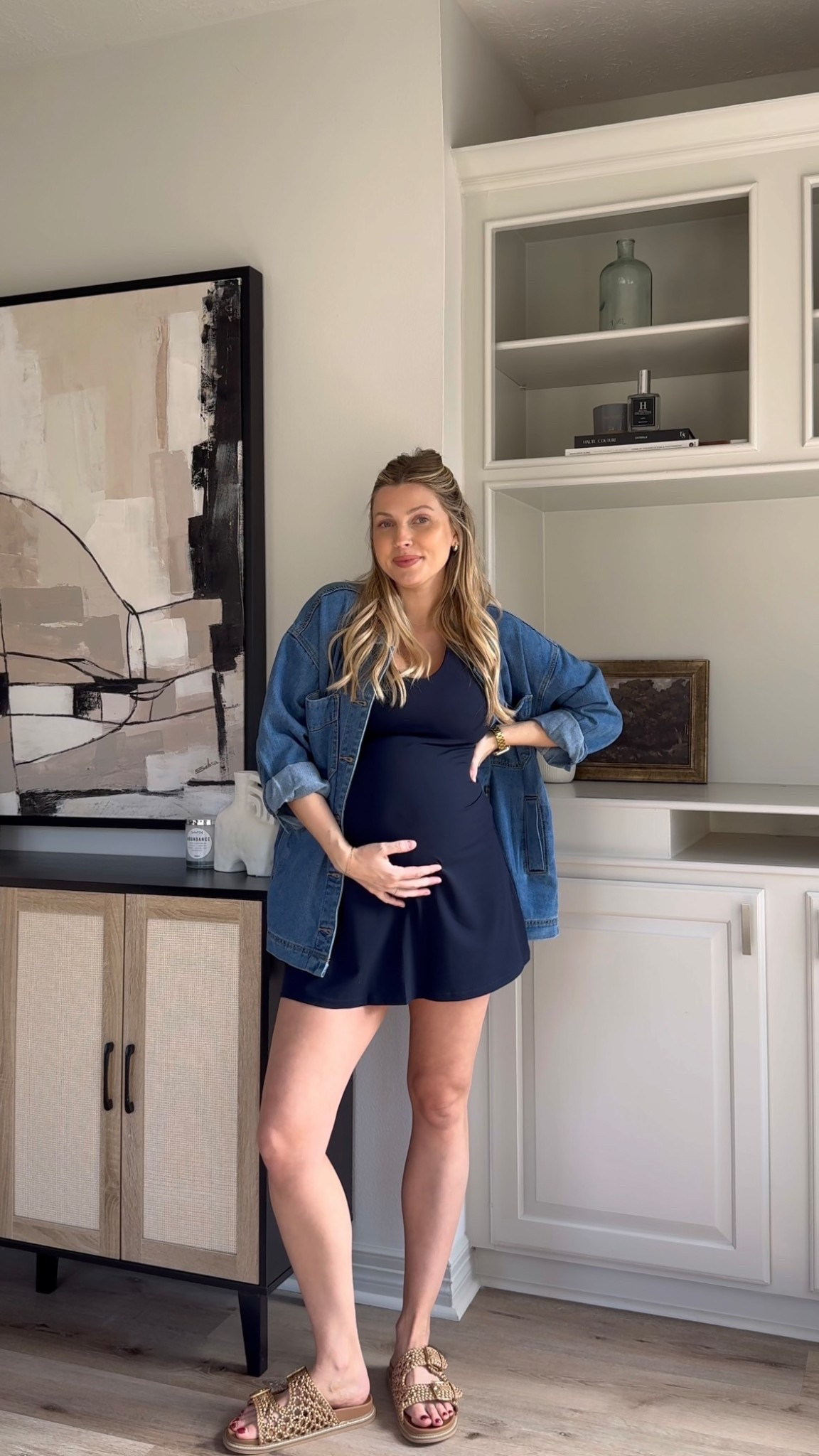 Bump friendly activewear dress | I love this dress because the shorts are not attached to the dress which is great for the bump. Wearing size M in the dress and denim jacket. Sneakers fit tts. 

#LTKBump #LTKStyleTip #LTKActive