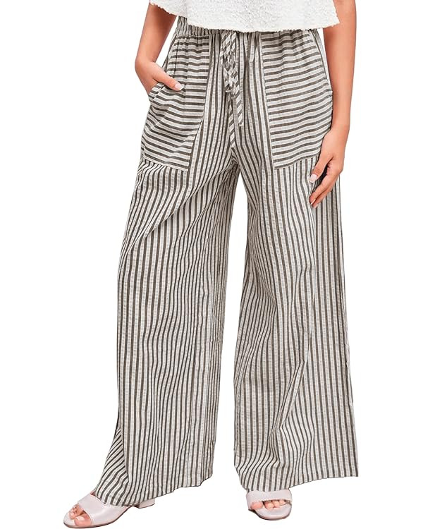Striped Wide Leg Pants Women Drawstring Elastic Waistband Pant Lounge Palazzo Trousers Beach Vaca... | Amazon (US)