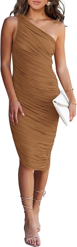 PRETTYGARDEN Women's Ruched Bodycon Dress 2024 Summer One Shoulder Sleeveless Party Cocktail Penc... | Amazon (US)