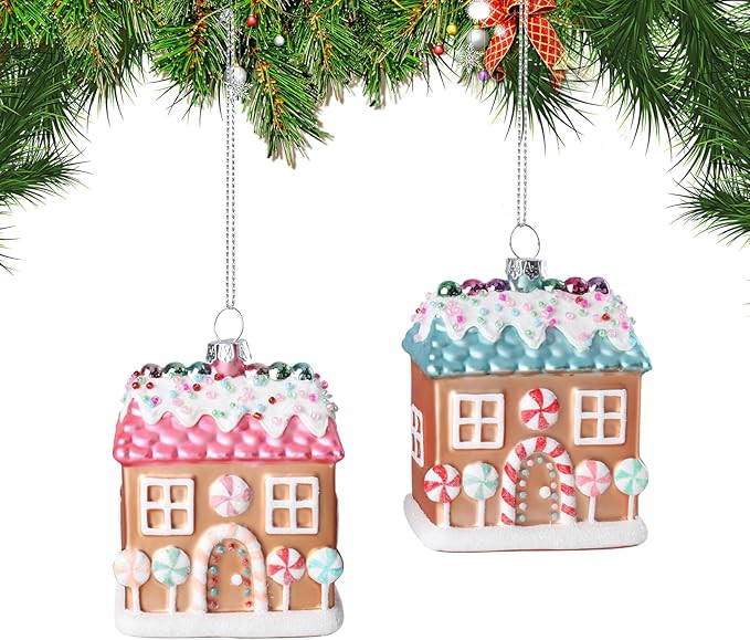 Set of 2 Gingerbread House Christmas Ornaments – 3.5" Glass Hanging Decorations with Candy Deta... | Amazon (US)