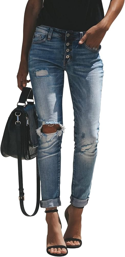 KUNMI Women's Ripped Mid Waisted Boyfriend Jeans Loose Fit Distressed Stretchy Denim Pants | Amazon (US)