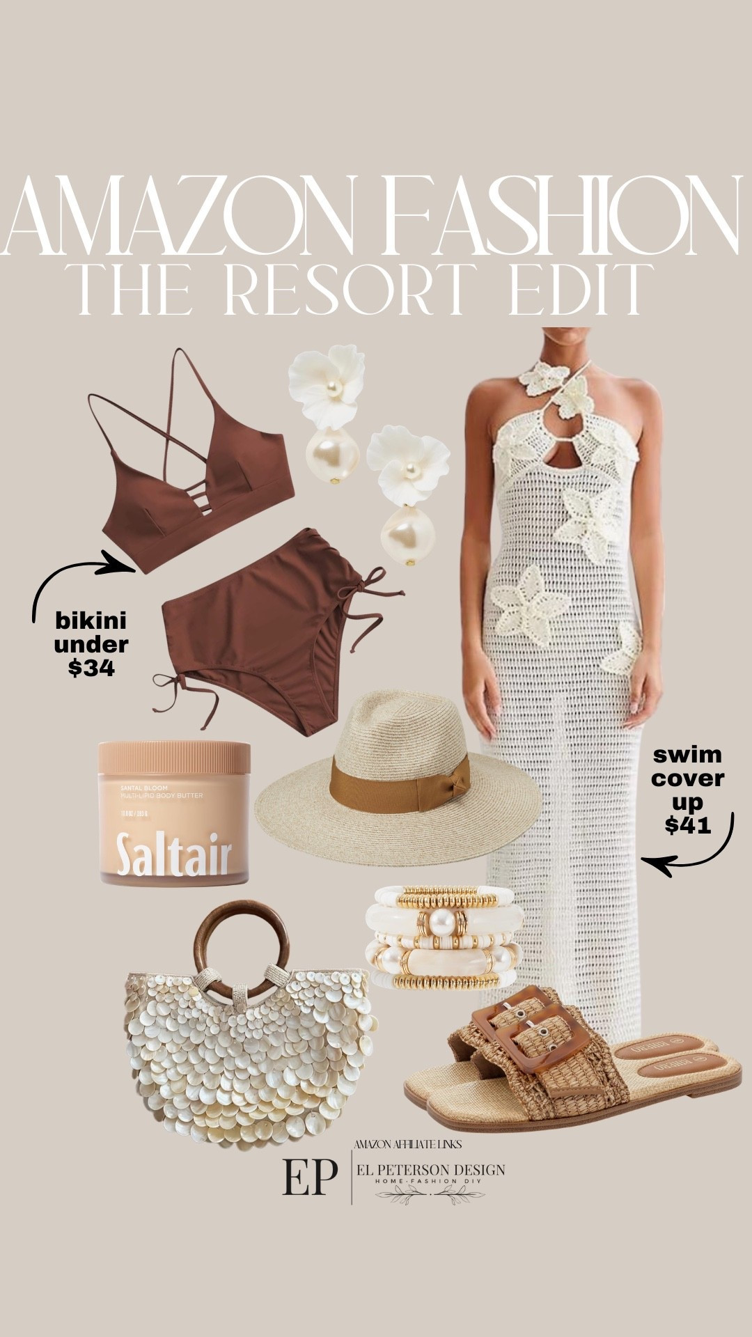 Amazon
The Resort Edit
Bikini
Swim cover up
Straw hat
Purse
Sandals
Earrings 