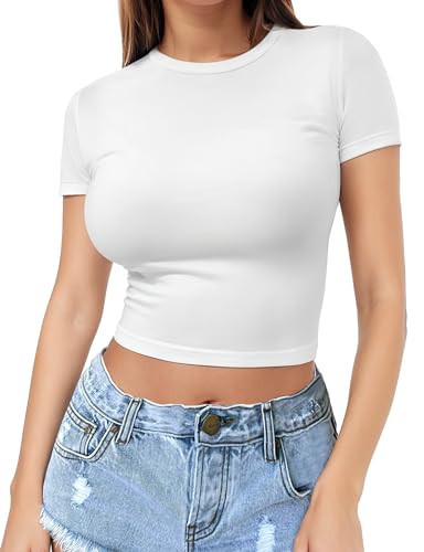 YOGINGO Womens Short Sleeve Crop Top Crew Neck Y2K Shirt Sexy Slim Fitted Casual Base Layer Lightweight Soft Tops Workout Shirts 2025 Women's Clothing XS-XL Underwear White | Amazon (US)