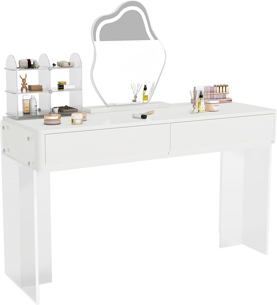 LITTLE TREE Computer Desk with Acrylic Legs, Home Office Desk with 2 Drawers, Modern White Desk w... | Amazon (US)