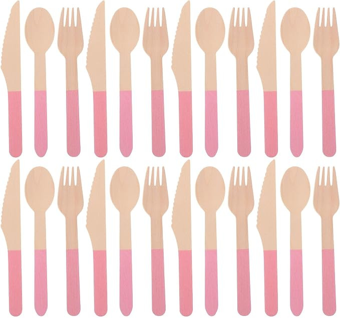 PRETYZOOM Disposable Wood Cutlery Set, 24pcs Pink Flatware Including Spoons, Forks, Knives, Pink ... | Amazon (US)