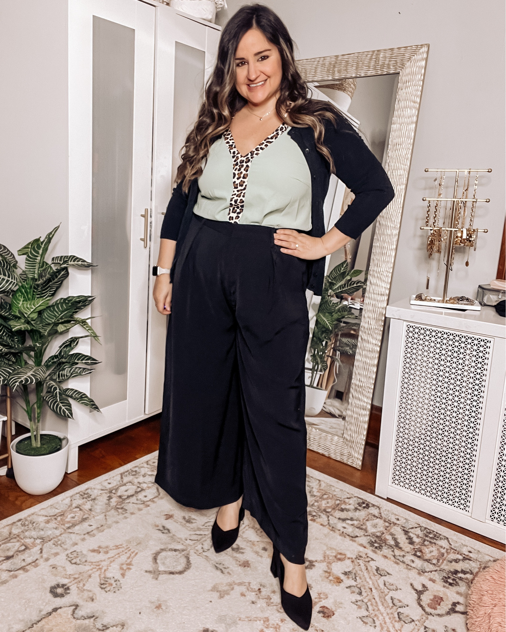 Wearing an XL short in the black wide leg trousers
Wearing an L in the green work top 
Black pumps size up a half size
Linked similar Black cardigans

Amazon workwear, Amazon work pants, black trousers, office outfit, work outfit 

#LTKworkwear #LTKcurves #LTKshoecrush