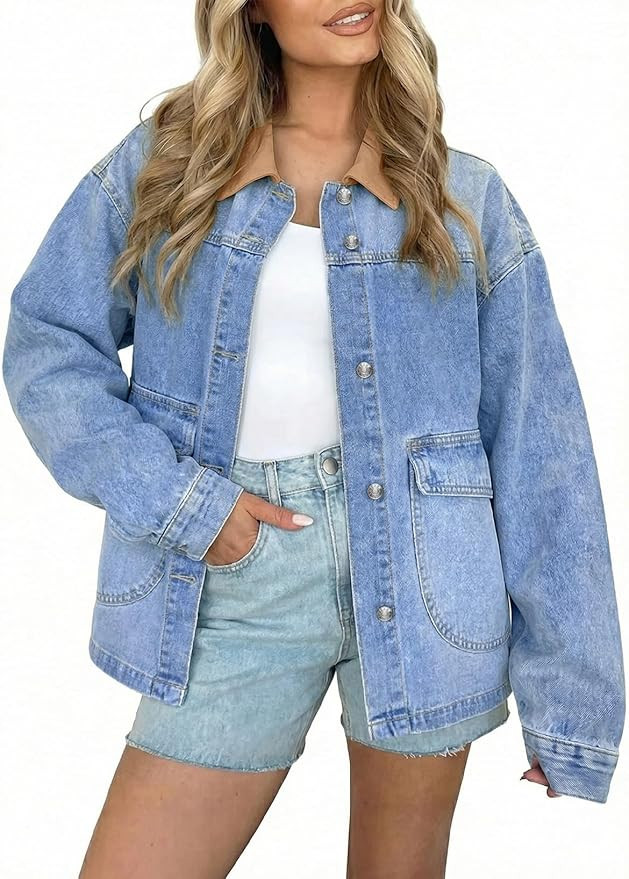 EVALESS Women's Oversized Jean Jacket Button Down Contrast Trim Barn Jackets Trendy Boyfriend Den... | Amazon (US)