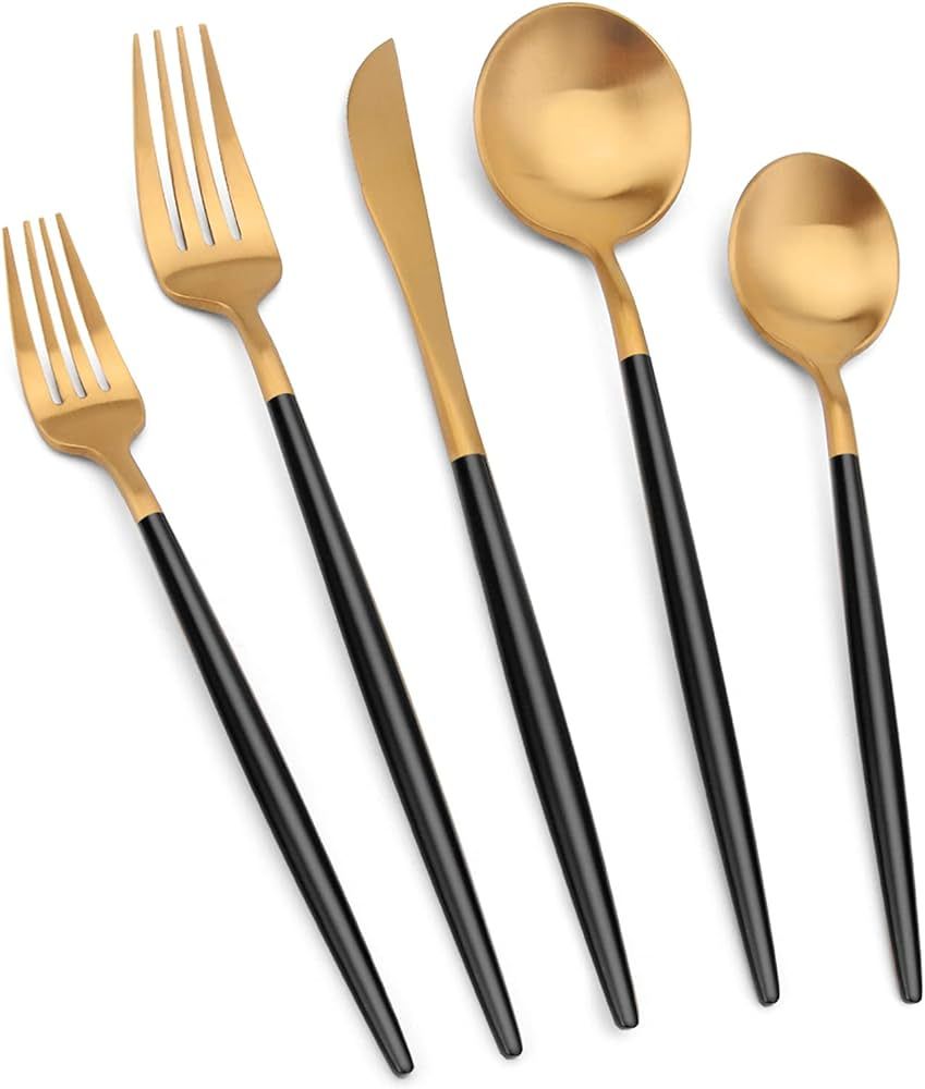 Matte Gold Silverware Set with black handle, Vanys 30 Piece Stainless Steel Cutlery Flatware Set,... | Amazon (US)