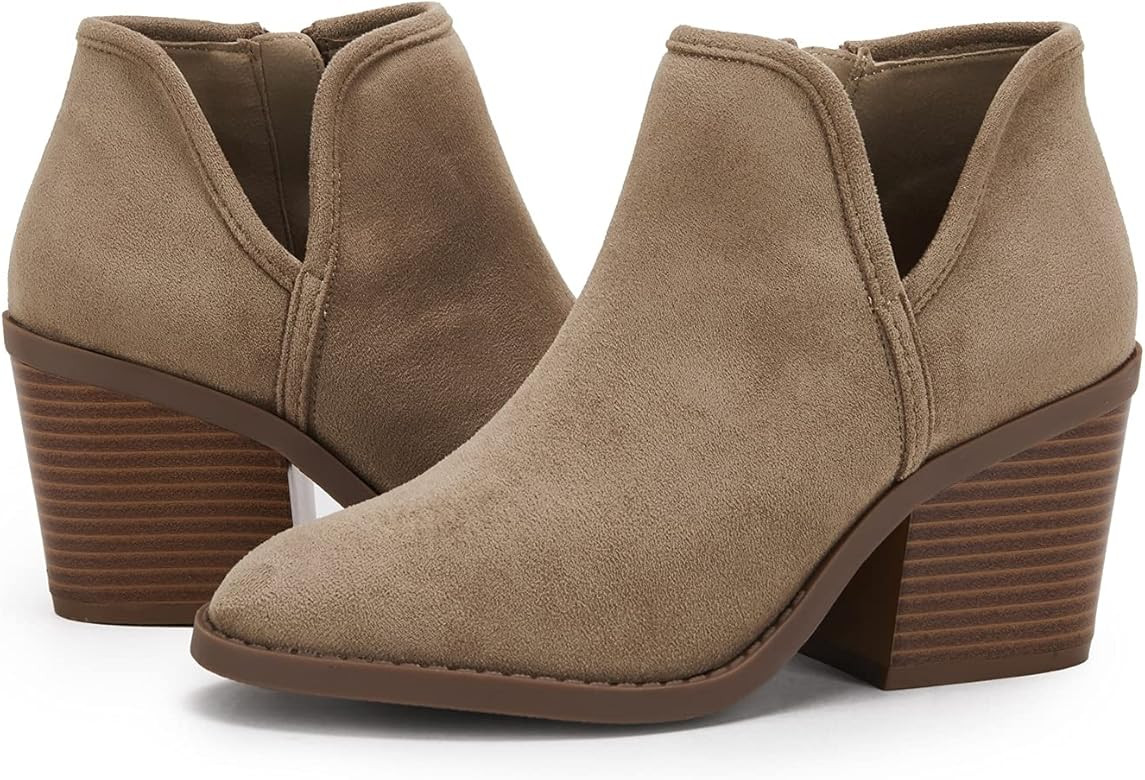 PiePieBuy Womens Ankle Boots Chunky Stacked Heel Slip on Shoes Faux Suede Side Zipper Casual Western | Amazon (US)