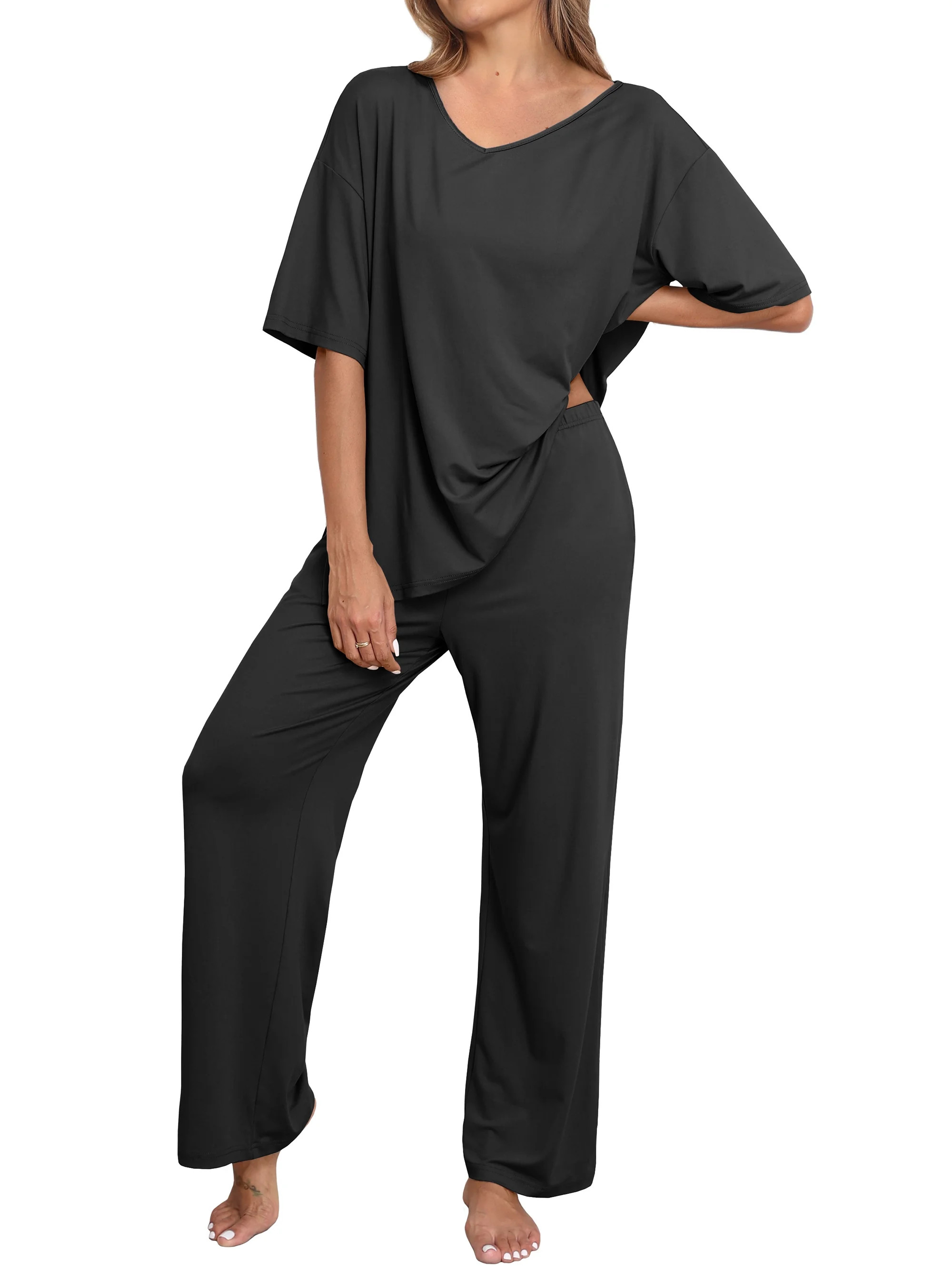 MINTREUS Lounge Sets for Women Knit Short Sleeve V-neck Tops and Long Pants Soft Comfy Pajamas Se... | Walmart (US)