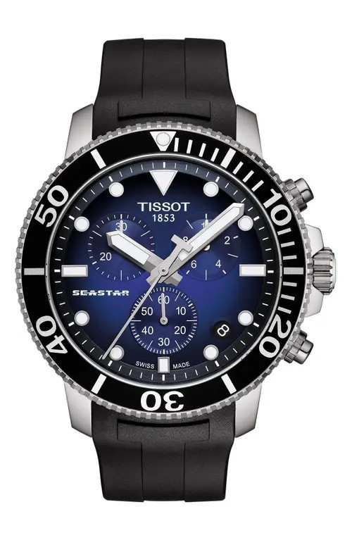 Tissot T-Sport Seastar 1000 Rubber Strap Chronograph Watch, 45mm in Black/Blue/Silver at Nordstrom | Nordstrom