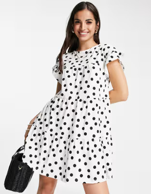 ASOS DESIGN frill sleeve tiered smock dress in mono spot | ASOS | ASOS (Global)