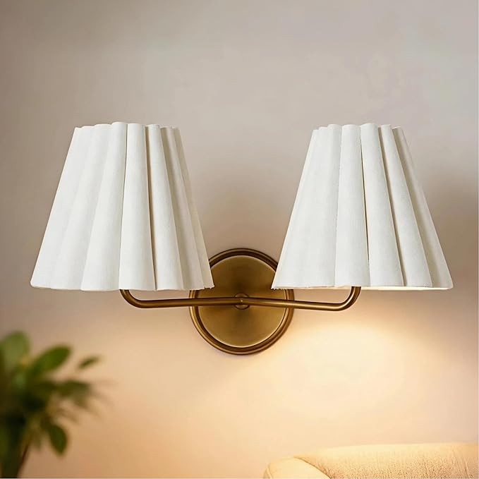 Vintage Pleated Fabric Linen Double Wall Sconce, Country Retro Wall Lamp with Antique Finish Meta... | Amazon (US)