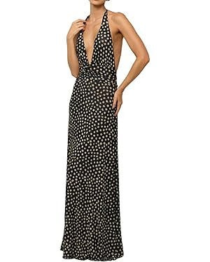 Womens Summer Sleeveless Halter V Neck Backless Mesh Y2k Floral Maxi Formal Beach Vacation Dresse... | Amazon (US)