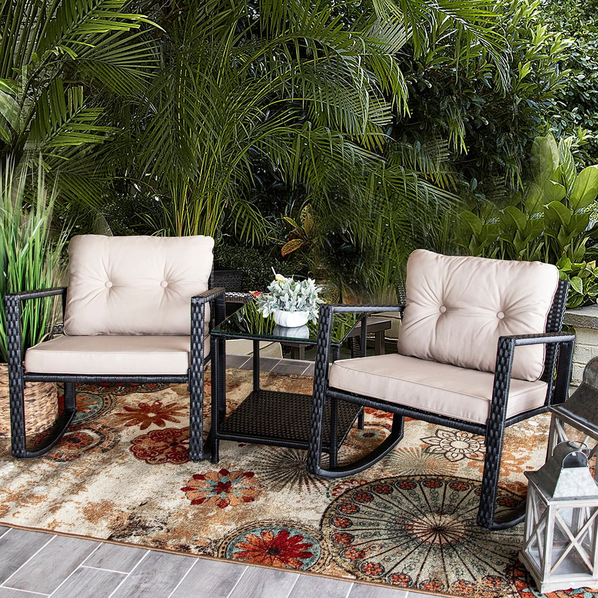 Barton 3 Pieces Patio Set Chair Wicker Rattan Outdoor Rocking Chair Cushion Glass Coffee Table Se... | Walmart (US)
