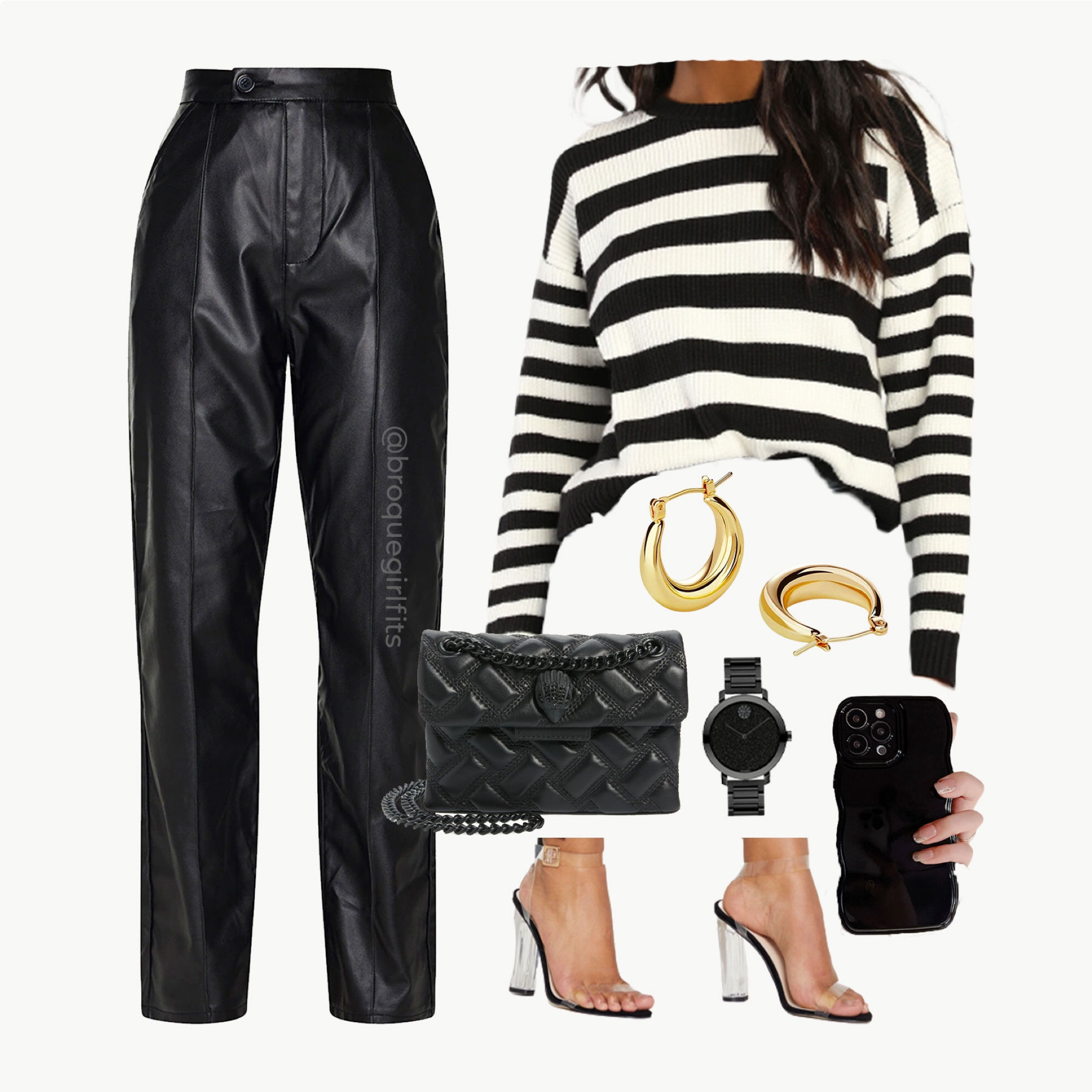 Black and white outfit 
Leather pants black and white striped sweater gold jewelry 
#ltkstylefinds #outfitinspo

#LTKHoliday #LTKstyletip #LTKfit