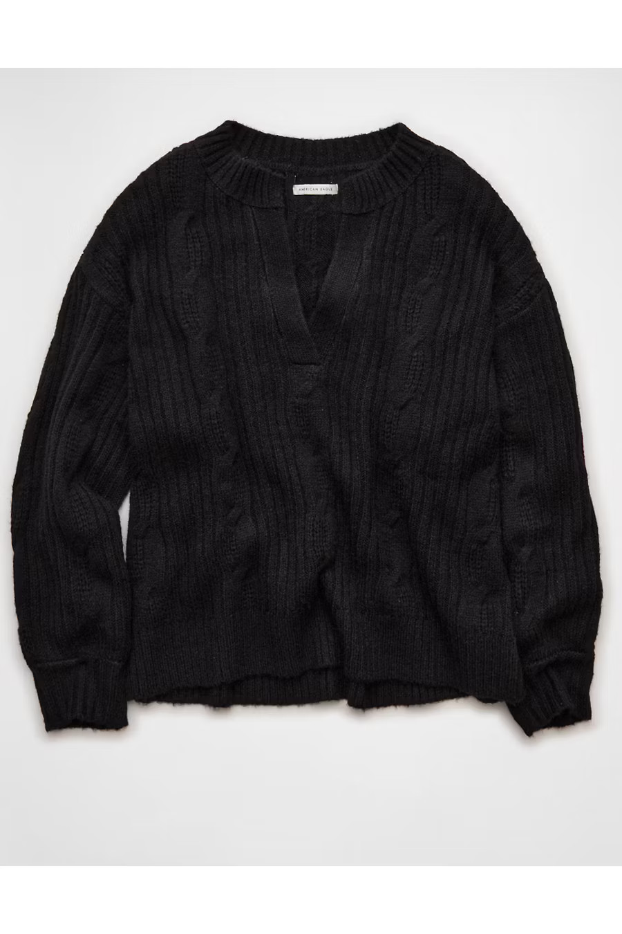 AE Whoa So Soft Notch Neck Cable Sweater Women's Bold Black XL | American Eagle Outfitters (US & CA)