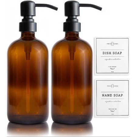 Amber Glass Soap Dispenser 2 Pack Thick 16oz Bottles Rustproof Stainless Steel Pump Modern Farmhouse | Walmart (US)