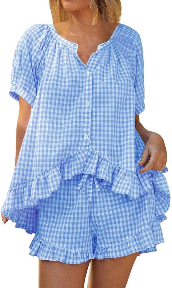 Womens 2 Piece Ruffle Pajama Set Gingham Pjs Short Sleeve Babydoll Shirt and Shorts Plaid Summer ... | Amazon (US)
