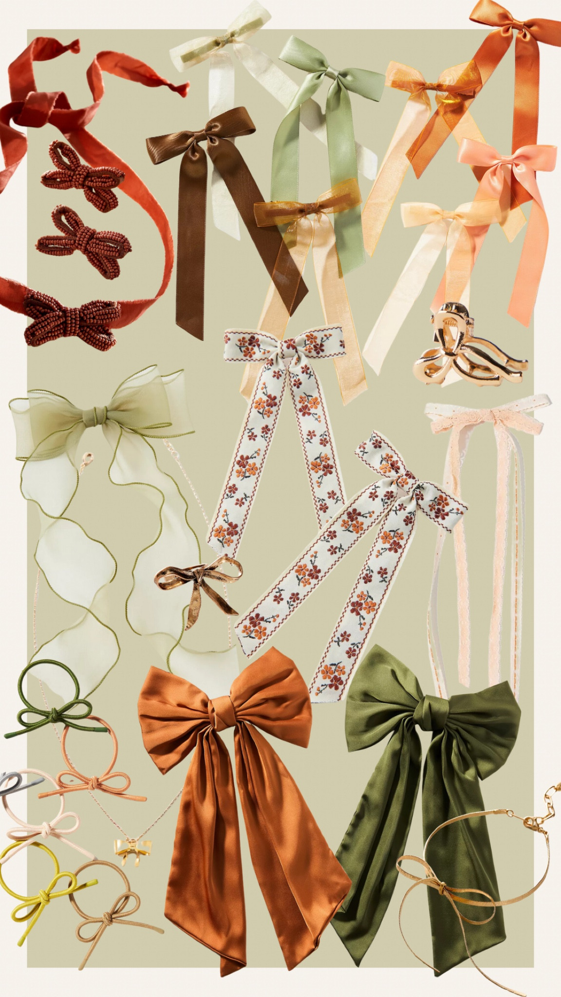 Bows for autumns, fall, hair bow, hair ribbon, lace bow, bow clip, bow necklace, bow ring, gold, anklet, satin bow, floral bow, necklace, free people, Anthropologie, urban outfitters, orange, olive green, moss green, brown, rosewood, peach, pink, ivory, organza hair bow, felt bow, beaded bow, bow hair band, thanksgiving 

House of Colour autumn, hocautumn, true autumn, soft autumn, dark autumn, classic, ingenue, warm autumn, feminine, chestnut

#LTKFindsUnder50 #LTKStyleTip #LTKBeauty