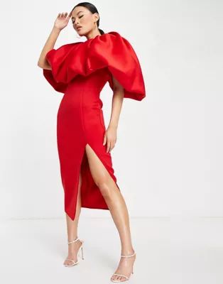ASOS DESIGN bubble pencil midi dress with split in red | ASOS (Global)