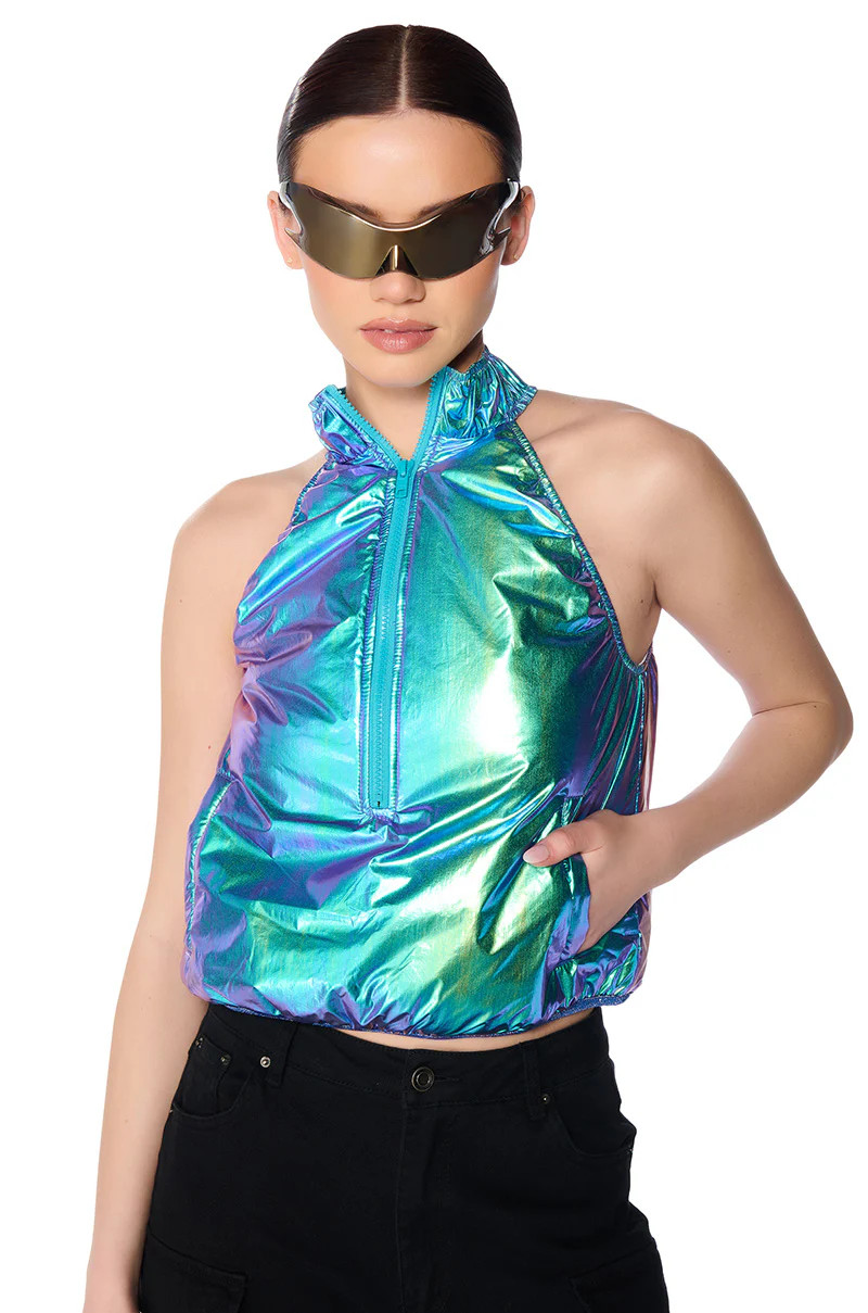 SPACE CADET SLEEVELESS ZIP UP TOP IN BLUE GREEN METALLIC | AKIRA