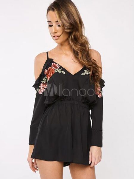 Chiffon Black Rompers Women's V Neck Strappy Long Sleeve Cold Shoulder Low Back Embroidered Ruffles Romper | Milanoo