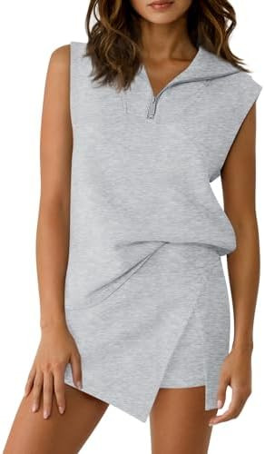 Fisoew Womens 2 Piece Skirt Sets Summer Sleeveless Half Zip Sweatshirt Athletic Skorts Tennis Out... | Amazon (US)