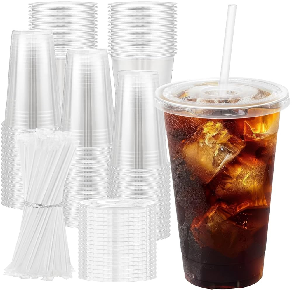 100 Pack 20 oz Plastic Cups with Lids and Straws, Sturdy Food Safe Iced Clear Coffee Cups Disposa... | Amazon (US)