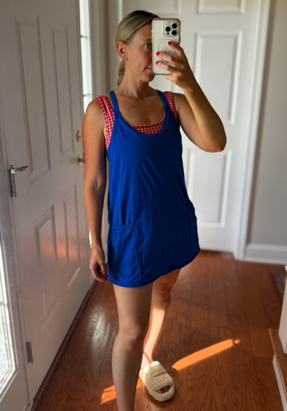 Feeling Festive 🇺🇸 & comfy! 
This romper dress with built in shorts from Amazon I will need in every color.
Wearing a cropped tank I got from Walmart last year under it.
Most importantly these slipper will change your life. They are so comfortable.

#LTKootd #LTKSeasonal #LTKmomlife