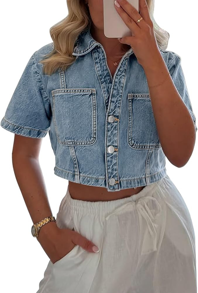 POTILI Women's Denim Top, Short Sleeve Cropped Denim Jacket Button Down Casual Jean Jacket Shirt ... | Amazon (US)