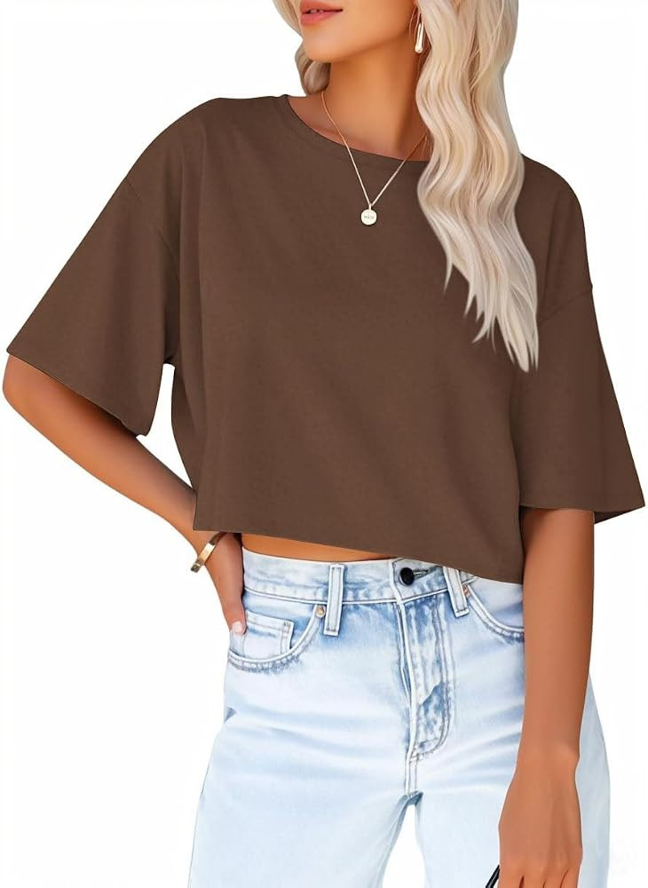 Women's Crop Tops Trendy 2026 Half Sleeve Crewneck Cropped Tee Shirts Summer Workout Tops | Amazon (US)