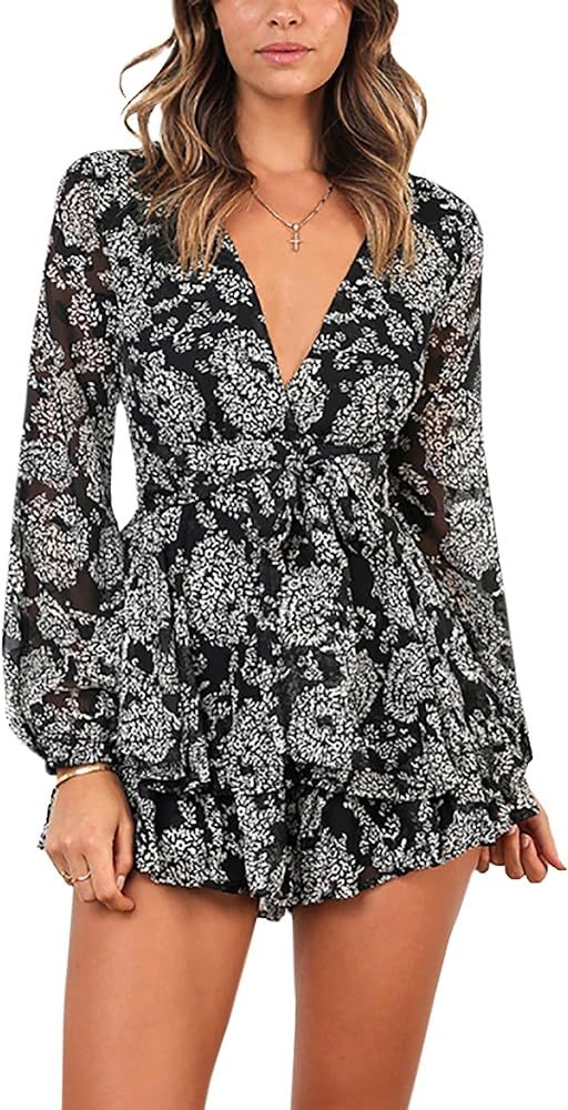 Women's Deep V-Neck Floral Print Romper Long Baggy Sleeves Double Layer Ruffle Hem Short Rompers ... | Amazon (US)
